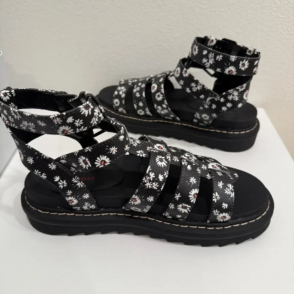 Union Bay Downtown Gladiator Blk/Wht Floral Strappy Chunky Sandals Womens Sz 10M